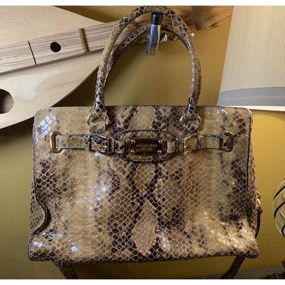 Michael Kors Hamilton Brown Snakeskin Embossed Leather Satchel‎ Purse